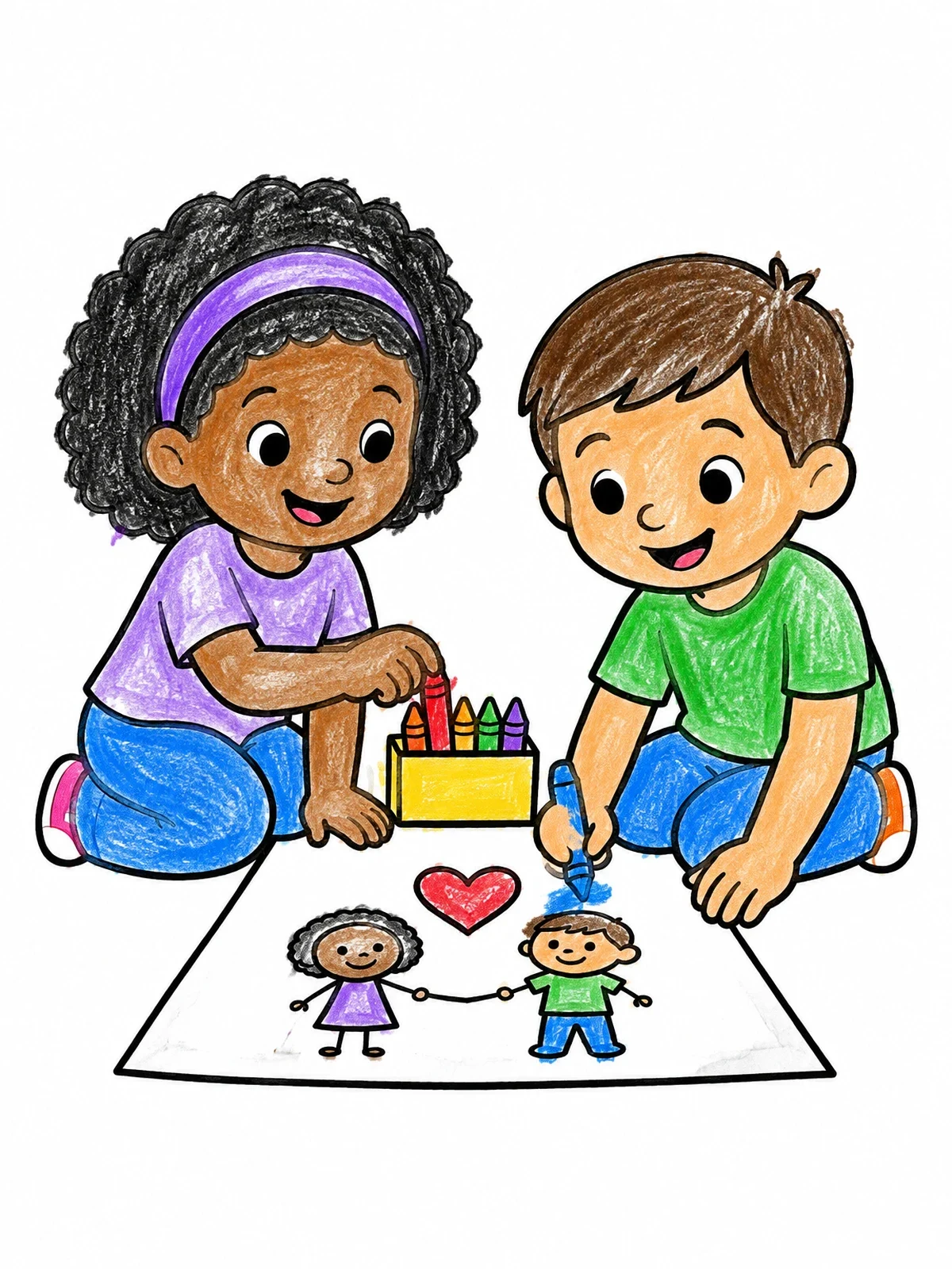 Colored example of the Children Drawing And Sharing Crayons coloring page