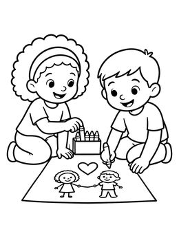 Free printable Children Drawing And Sharing Crayons coloring page