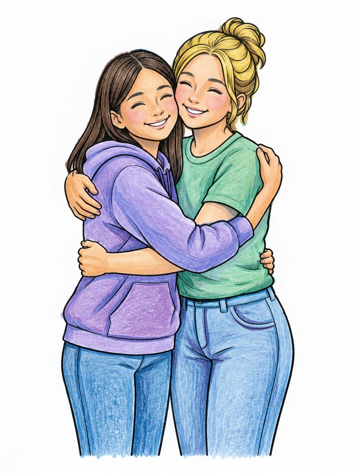 Colored example of the Friends Sharing A Warm Hug coloring page