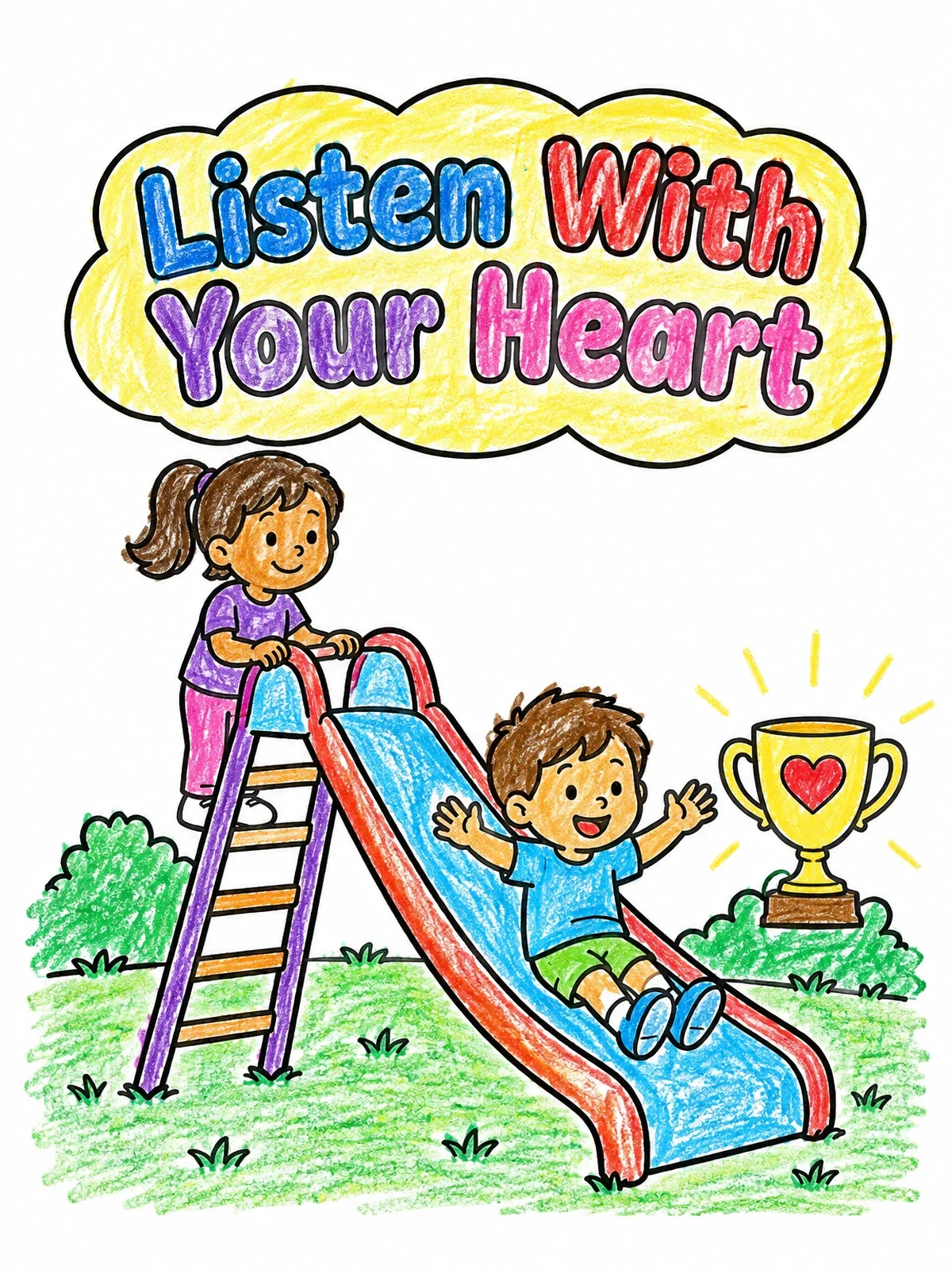 Colored example of the Children Taking Turns On The Playground Slide coloring page