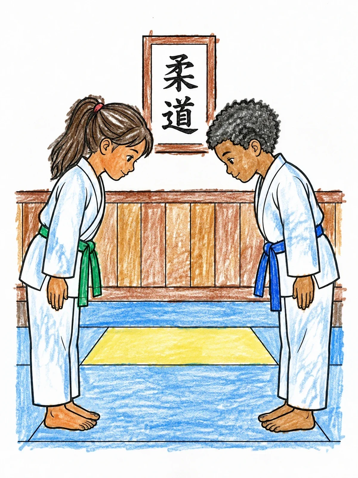 Colored example of the Respectful Judo Bow In Dojo coloring page