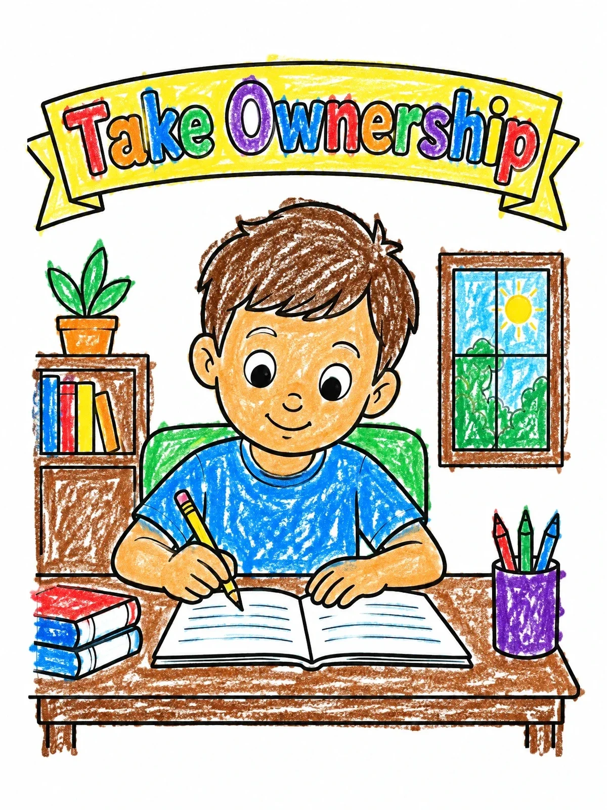 Colored example of the Boy Doing Homework At Desk coloring page