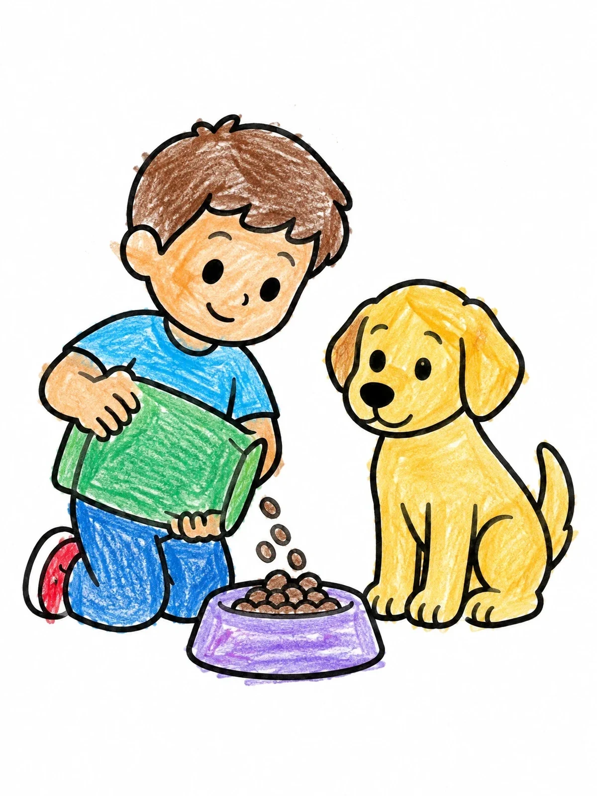 Colored example of the Boy Feeding His Pet Puppy coloring page