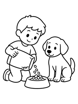 Free printable Boy Feeding His Pet Puppy coloring page