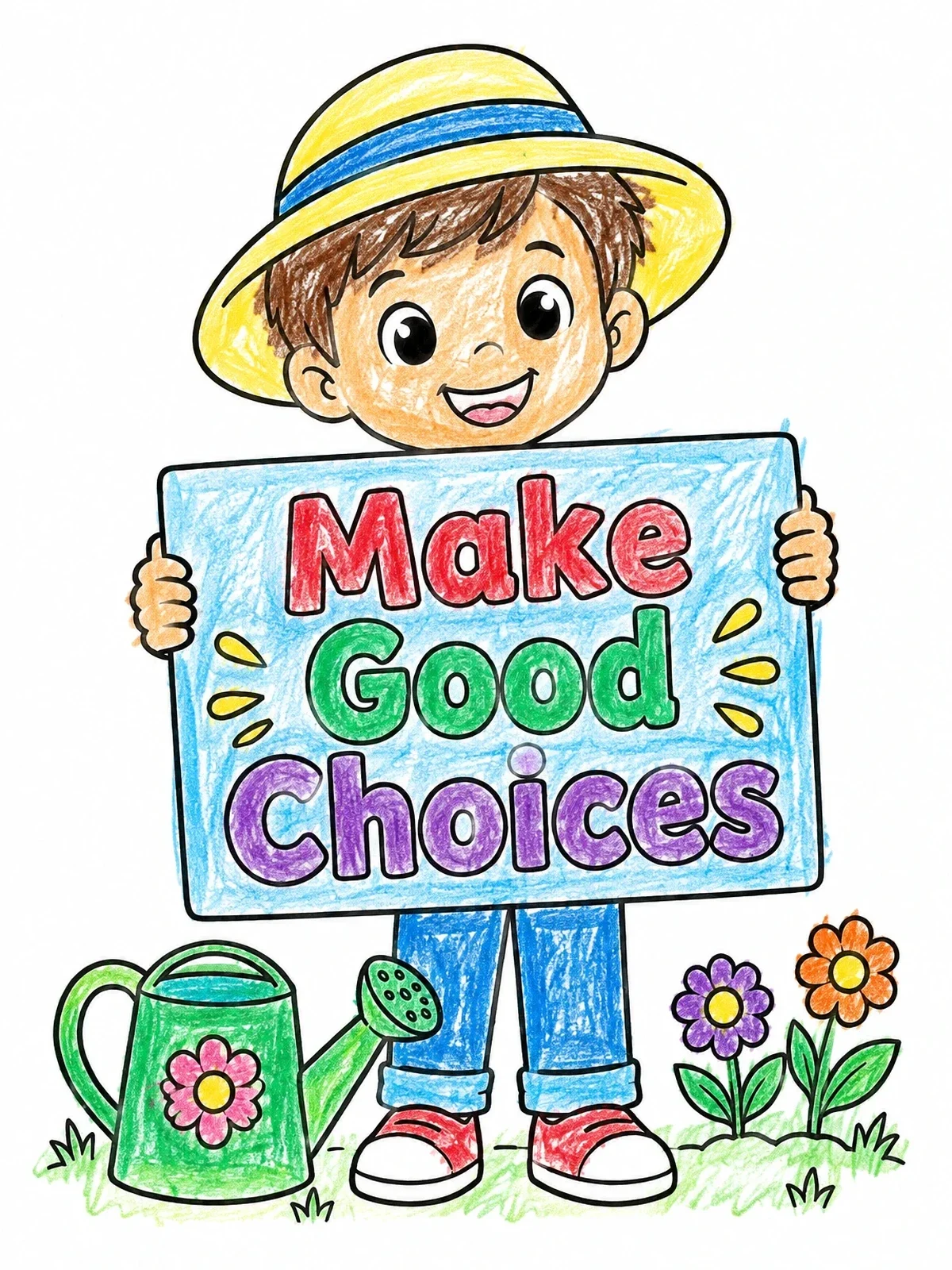 Colored example of the Boy Holding Make Good Choices Sign coloring page