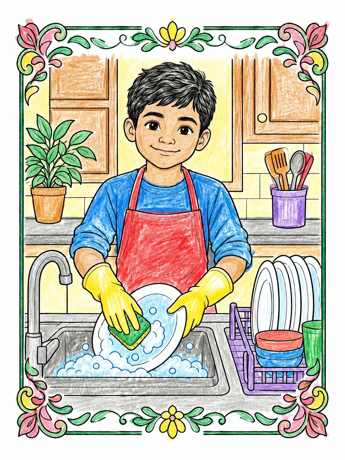 Colored example of the Boy Doing Dishes At The Sink coloring page