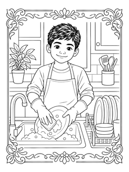 A cheerful boy washes dishes in this responsibility coloring page.
