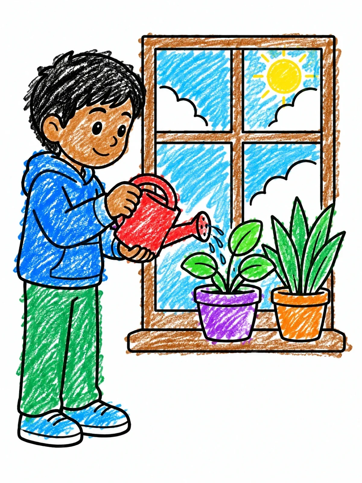Colored example of the Boy Watering Plants On Windowsill coloring page