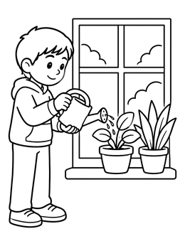 Free printable Boy Watering Plants On Windowsill coloring page