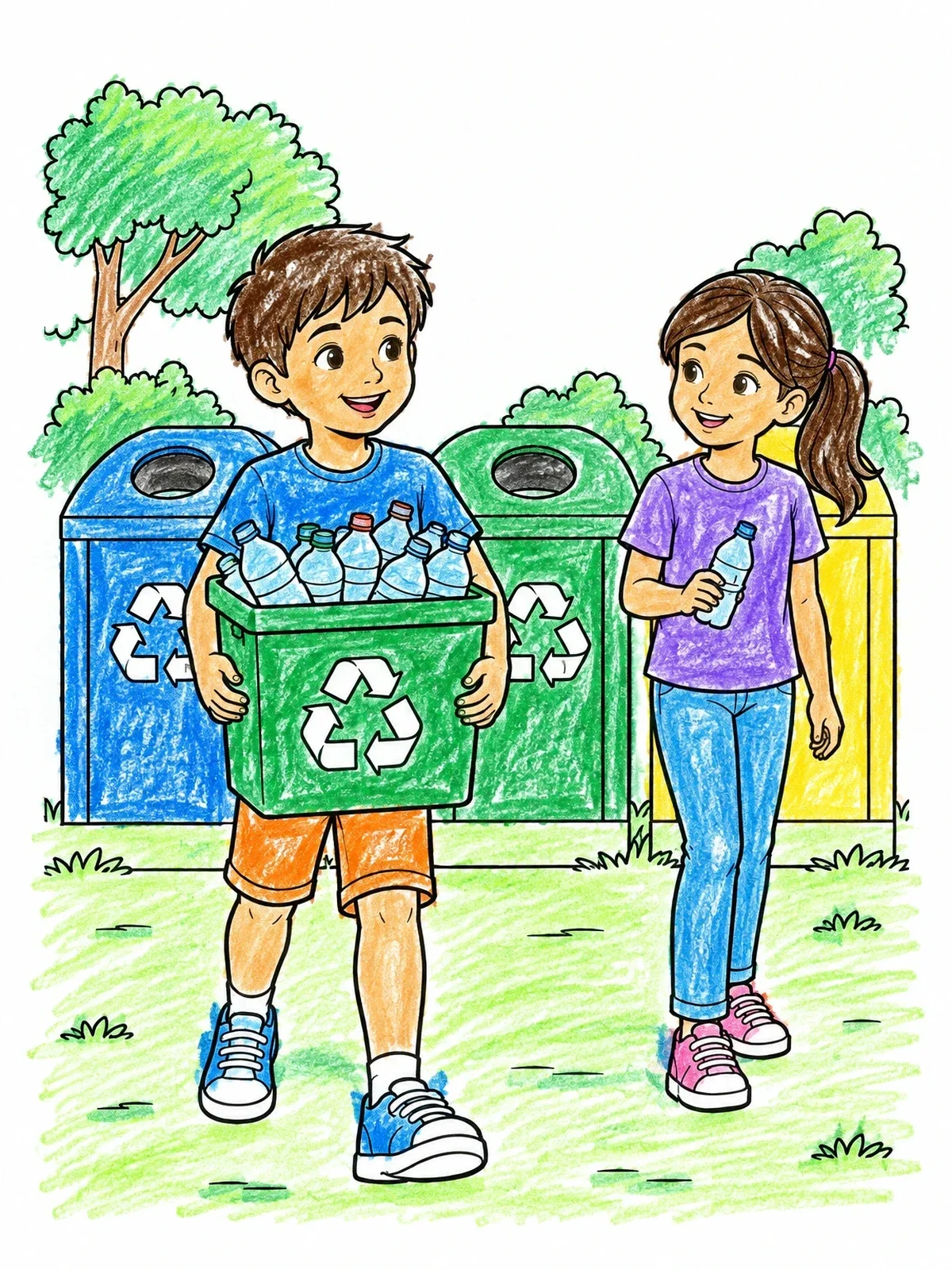 Colored example of the Children Recycling Plastic Bottles Outdoors coloring page