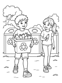 Two kids carrying plastic bottles by bins on this responsibility coloring page.