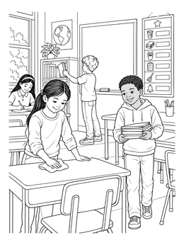 Students tidy their classroom in this responsibility coloring page featuring desks, books, and a chore chart.