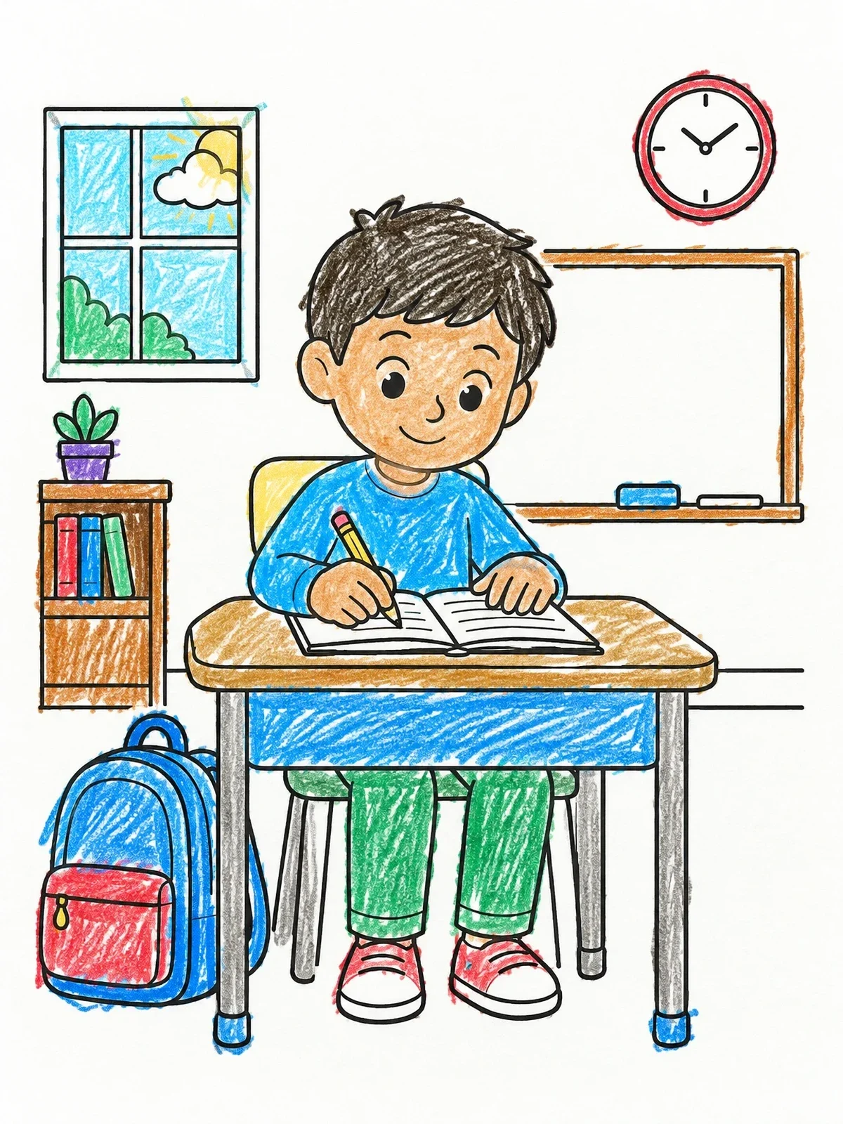 Colored example of the Diligent Student At School Desk coloring page