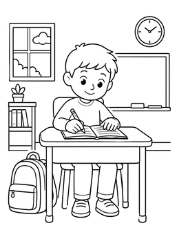 Free printable Diligent Student At School Desk coloring page