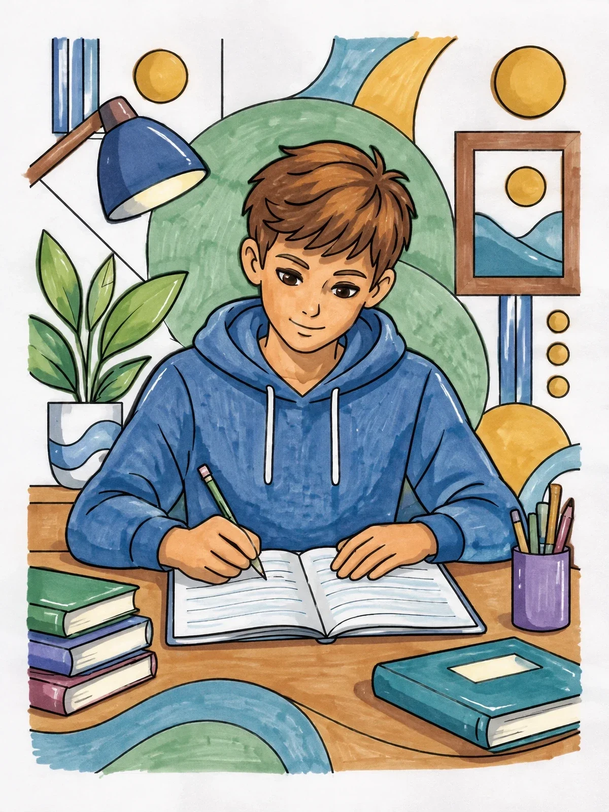 Colored example of the Focused Student Studying At Desk coloring page