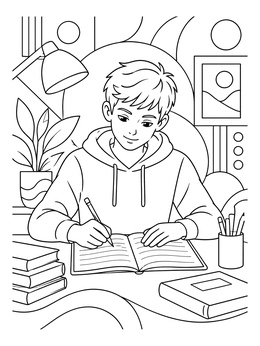 A focused young boy writes in his notebook in this responsibility coloring page.