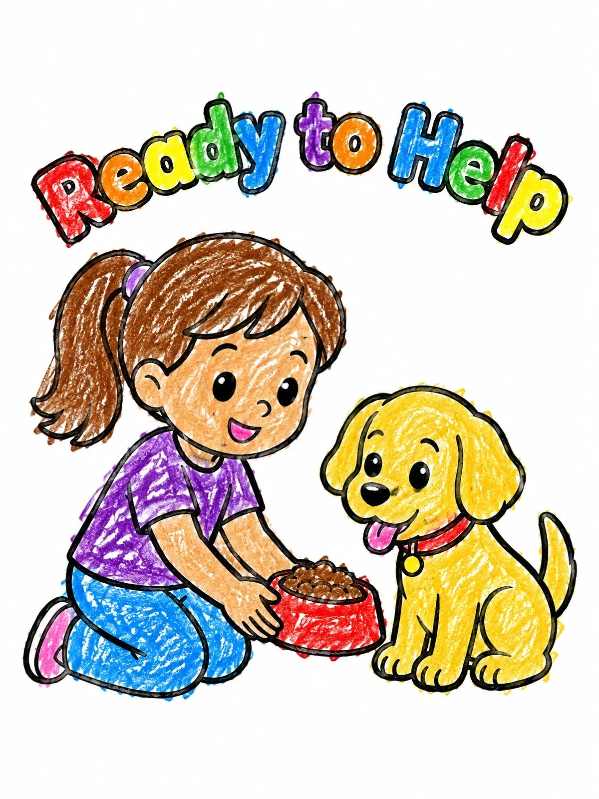 Colored example of the Girl Feeding Her Puppy coloring page