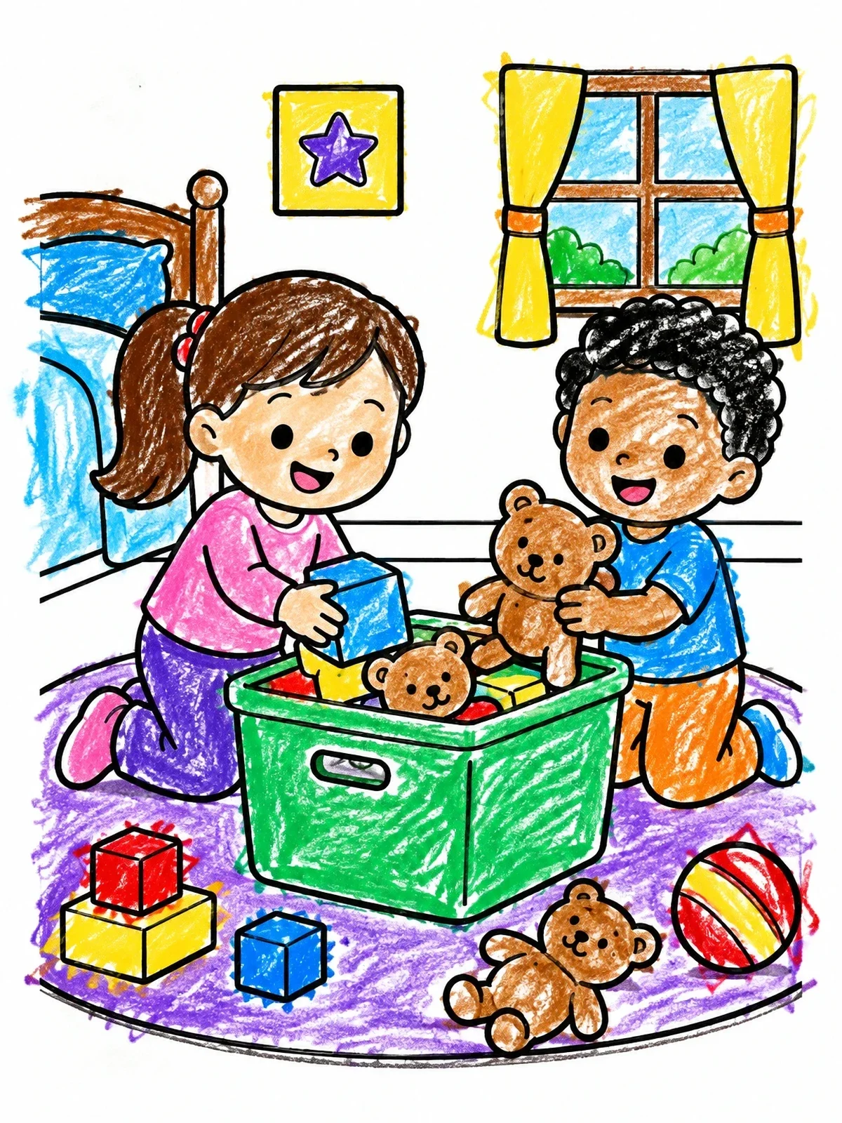 Colored example of the Children Cleaning Up Toys Together coloring page