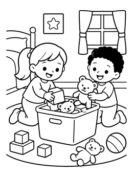 Free printable Children Cleaning Up Toys Together coloring page