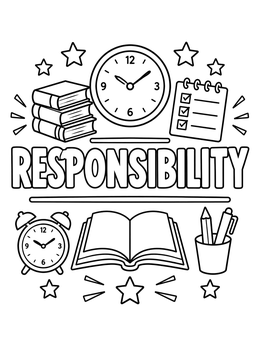 A bold responsibility coloring page featuring books, clocks, a checklist, and stars.
