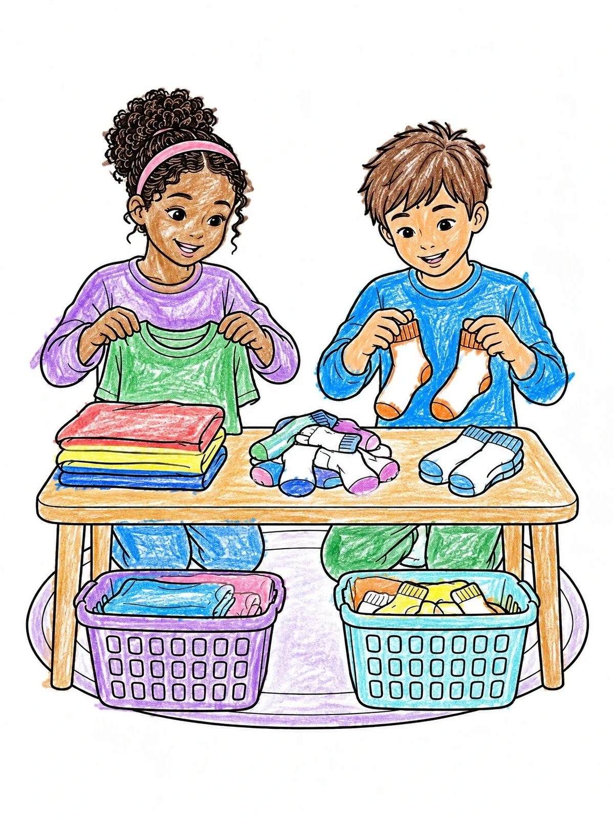 Colored example of the Siblings Folding Laundry Together coloring page
