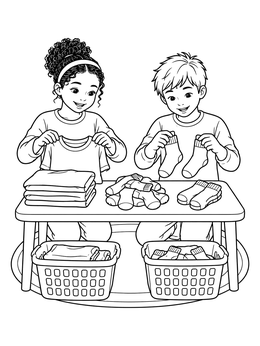 Two kids sort clothes in this responsibility coloring page.
