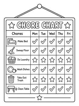 A completed weekly chore chart on this responsibility coloring page.