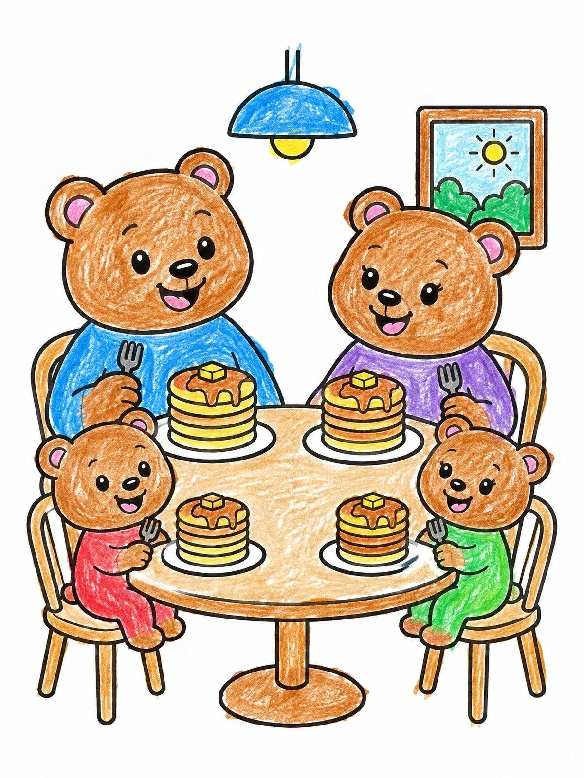 Colored example of the Bear Family Pancake Breakfast coloring page