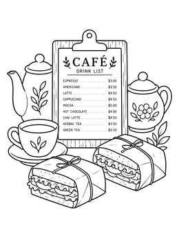 Free printable Cafe Menu With Teapots And Sandwiches coloring page