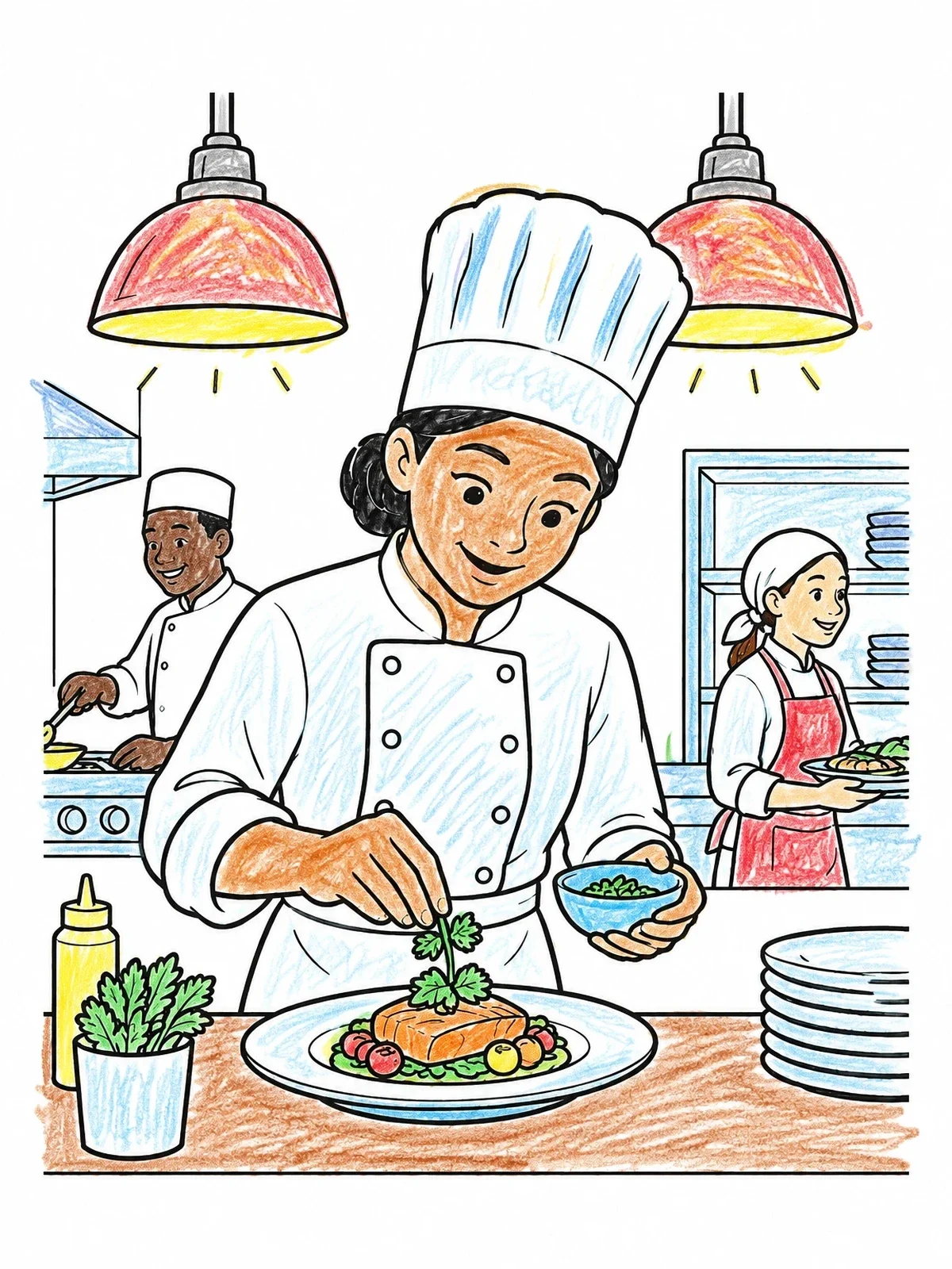 Colored example of the Chef Garnishing A Gourmet Dish coloring page
