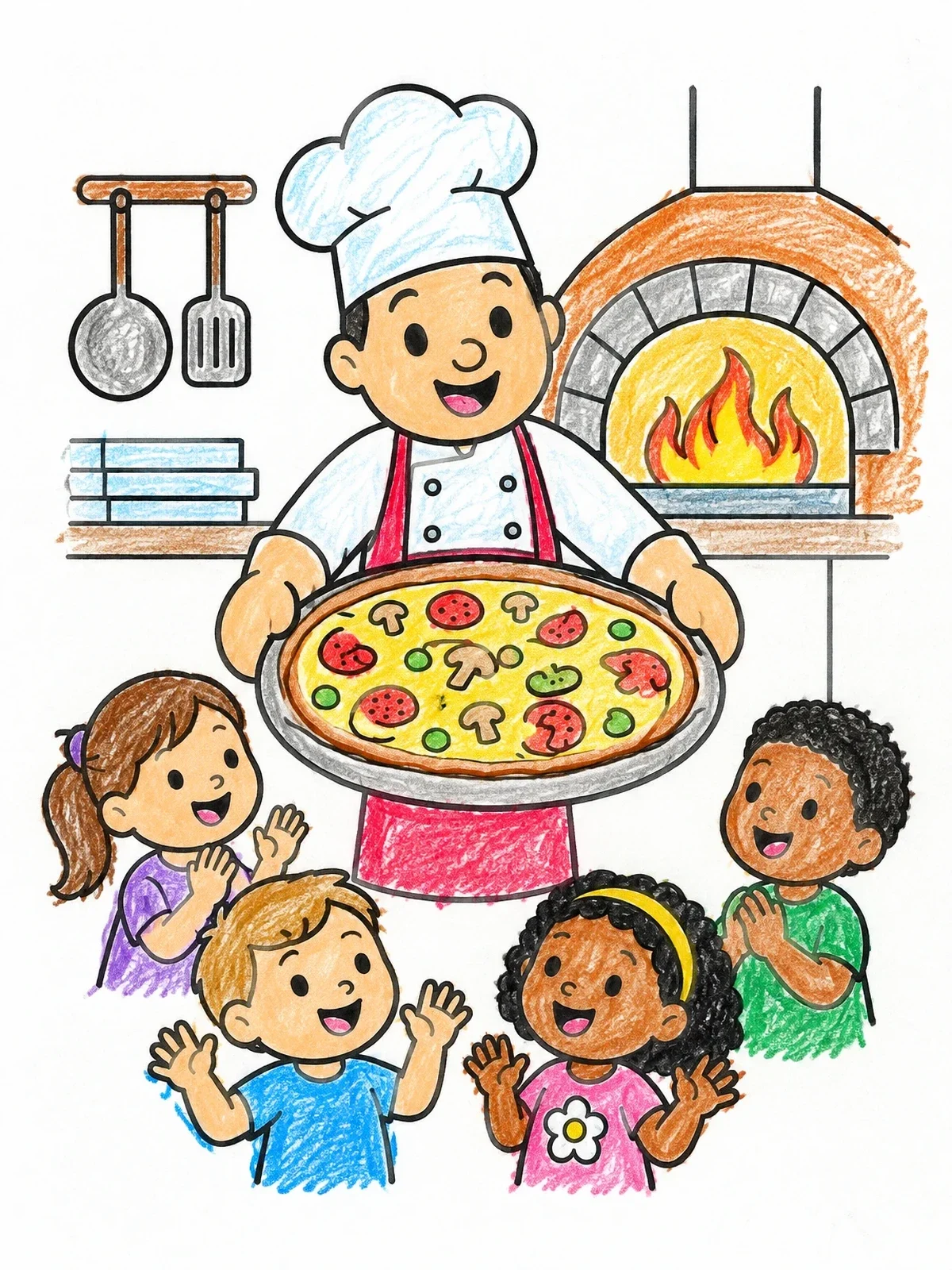 Colored example of the Chef Serving Fresh Pizza To Kids coloring page