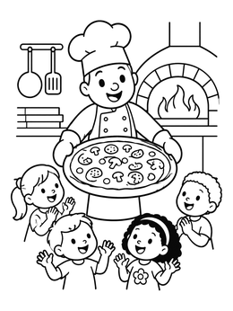 Free printable Chef Serving Fresh Pizza To Kids coloring page