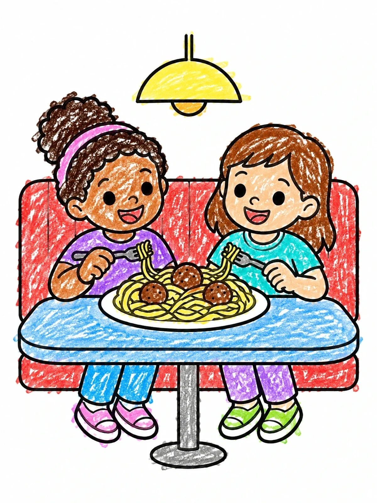 Colored example of the Children Sharing Spaghetti In Booth coloring page