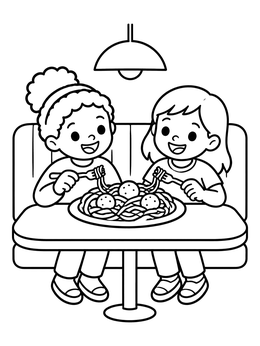 Free printable Children Sharing Spaghetti In Booth coloring page