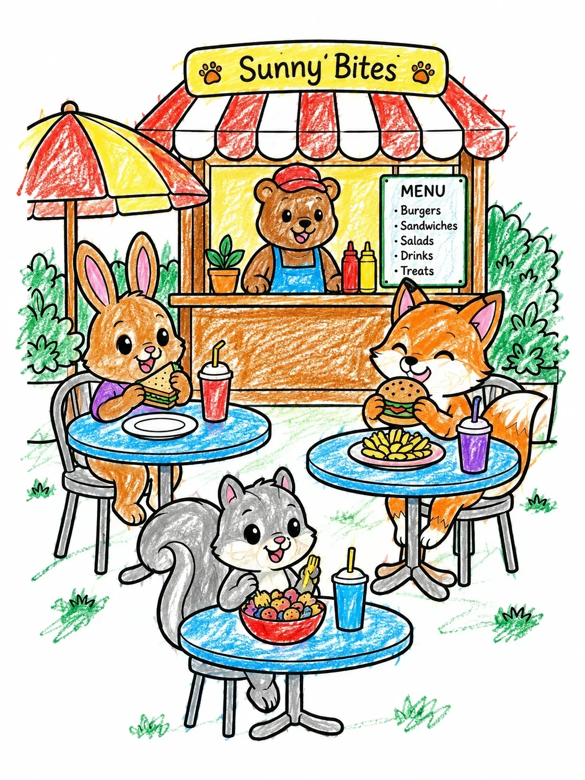 Colored example of the Cute Animals At Outdoor Cafe coloring page