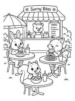 Free printable Cute Animals At Outdoor Cafe coloring page