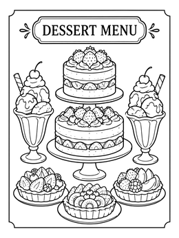 Free printable Dessert Menu With Cakes And Sundaes coloring page