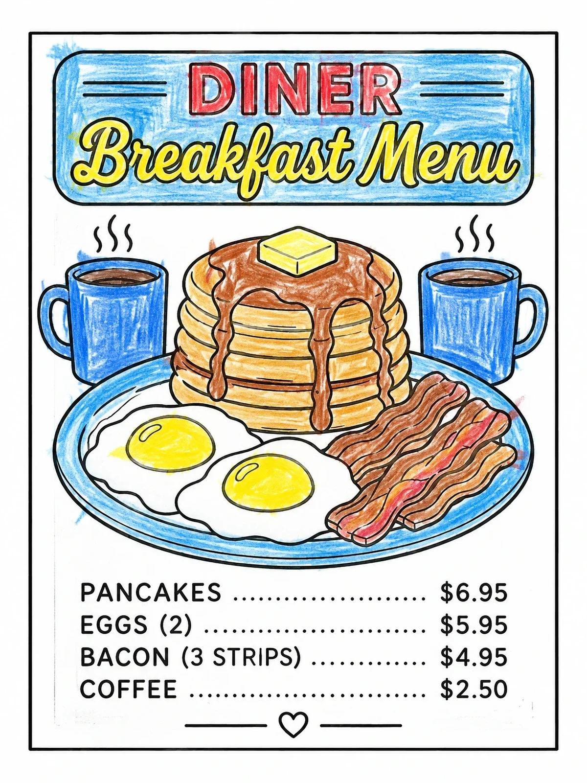 Colored example of the Diner Breakfast Menu With Pancakes coloring page