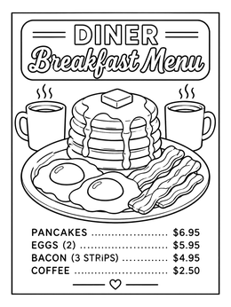 Free printable Diner Breakfast Menu With Pancakes coloring page