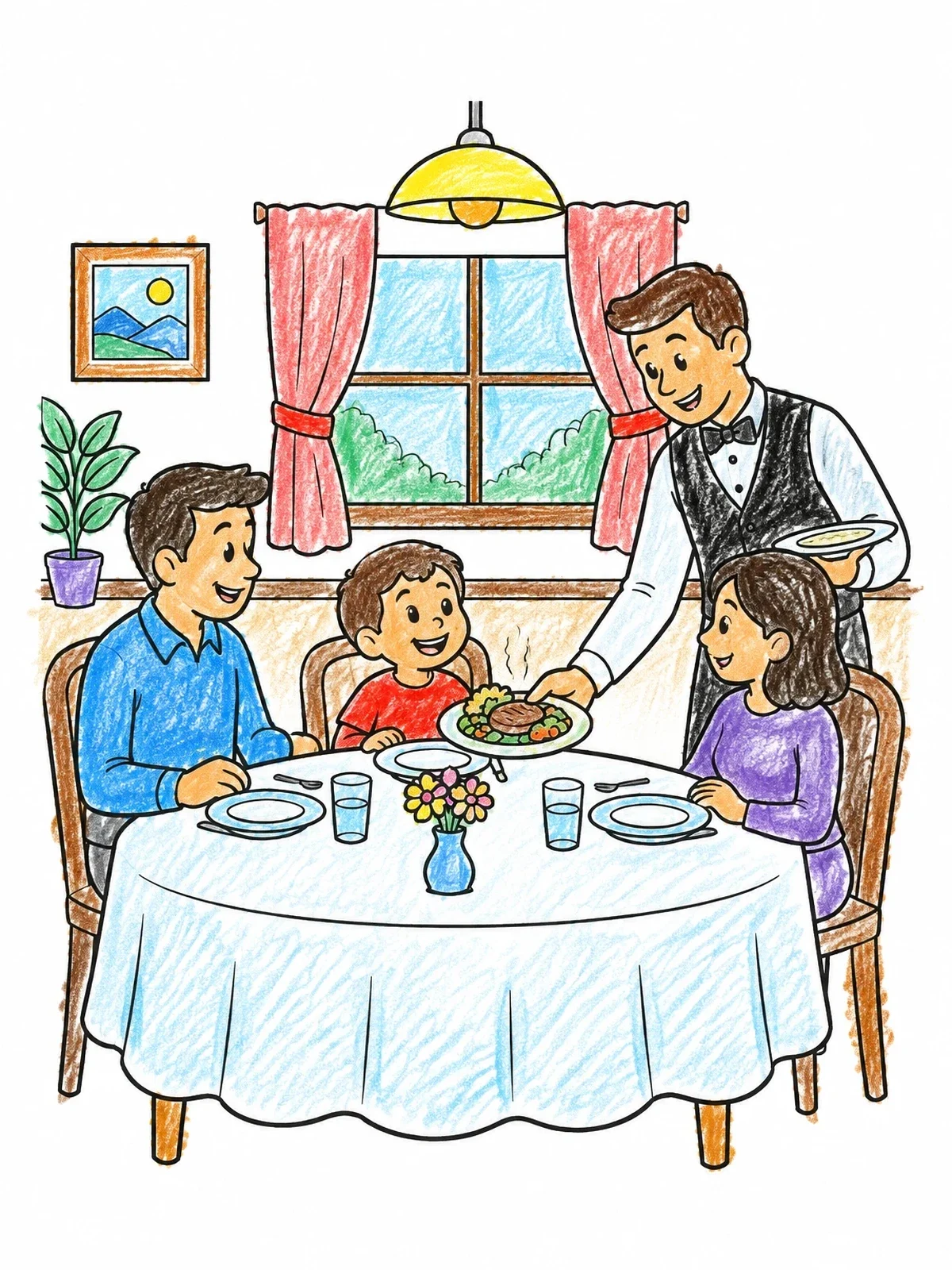 Colored example of the Family Dinner Served By Waiter coloring page