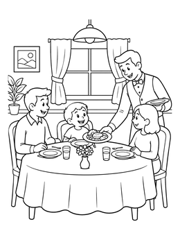 Free printable Family Dinner Served By Waiter coloring page