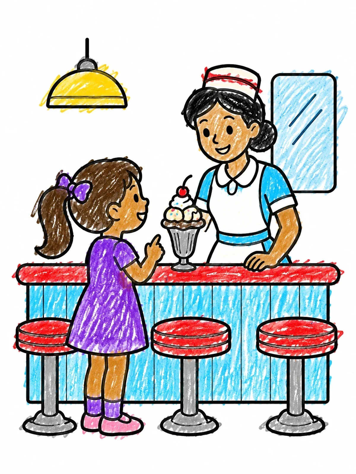 Colored example of the Ice Cream Sundae At Diner Counter coloring page