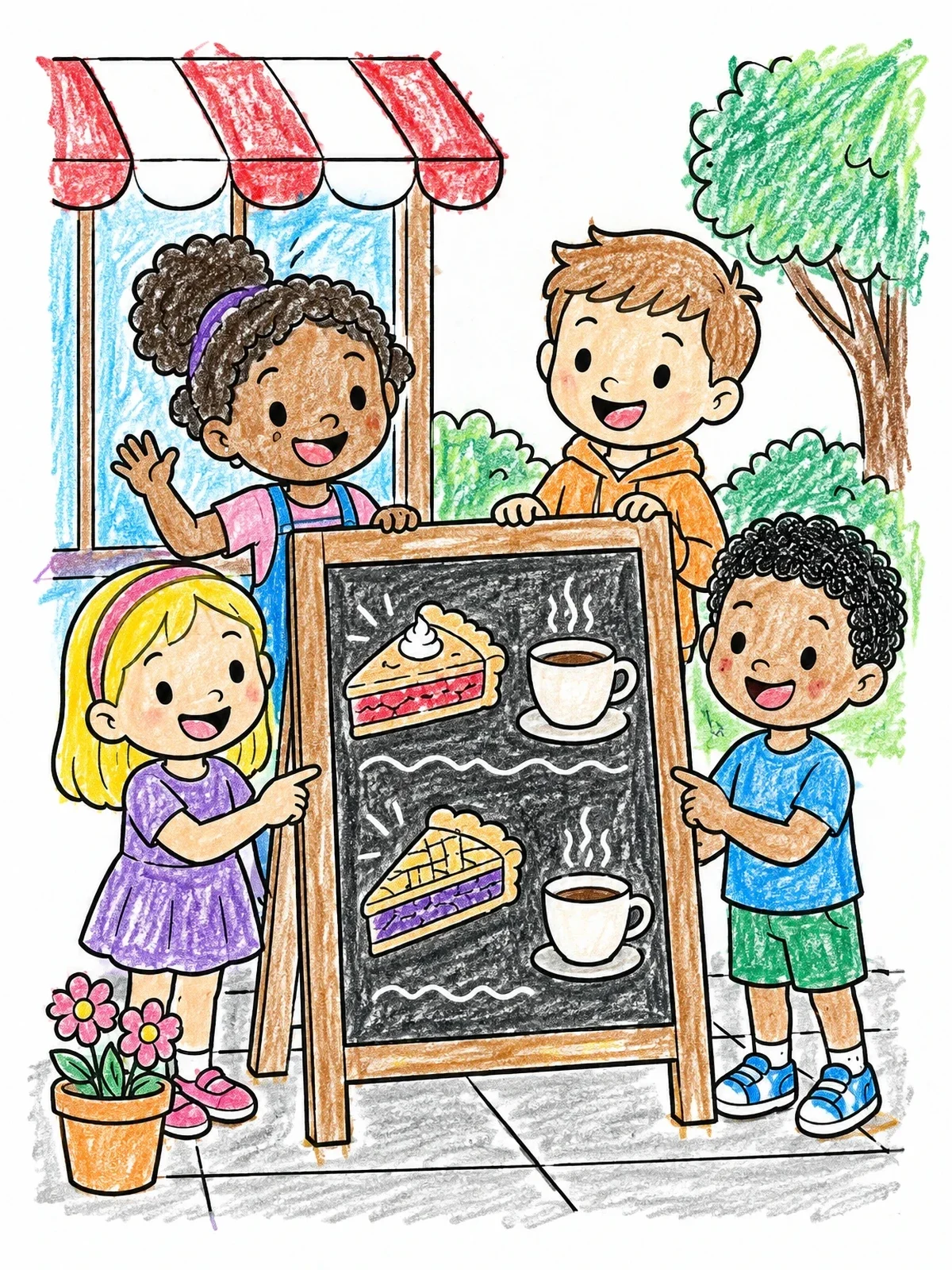 Colored example of the Children With Cafe Chalkboard Menu coloring page