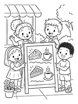 Free printable Children With Cafe Chalkboard Menu coloring page