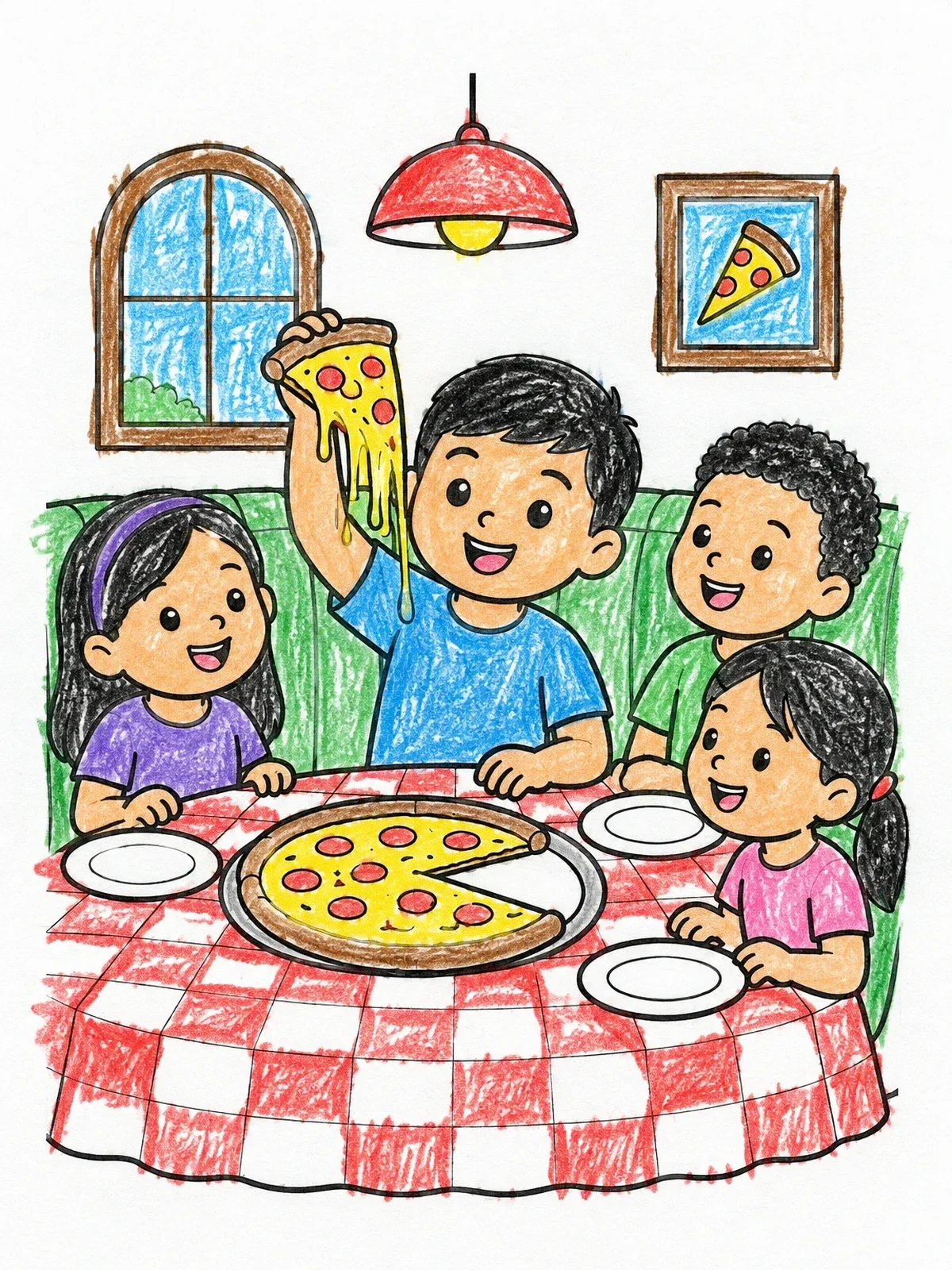 Colored example of the Kids Sharing Cheesy Pizza coloring page
