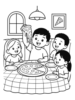 Free printable Kids Sharing Cheesy Pizza coloring page
