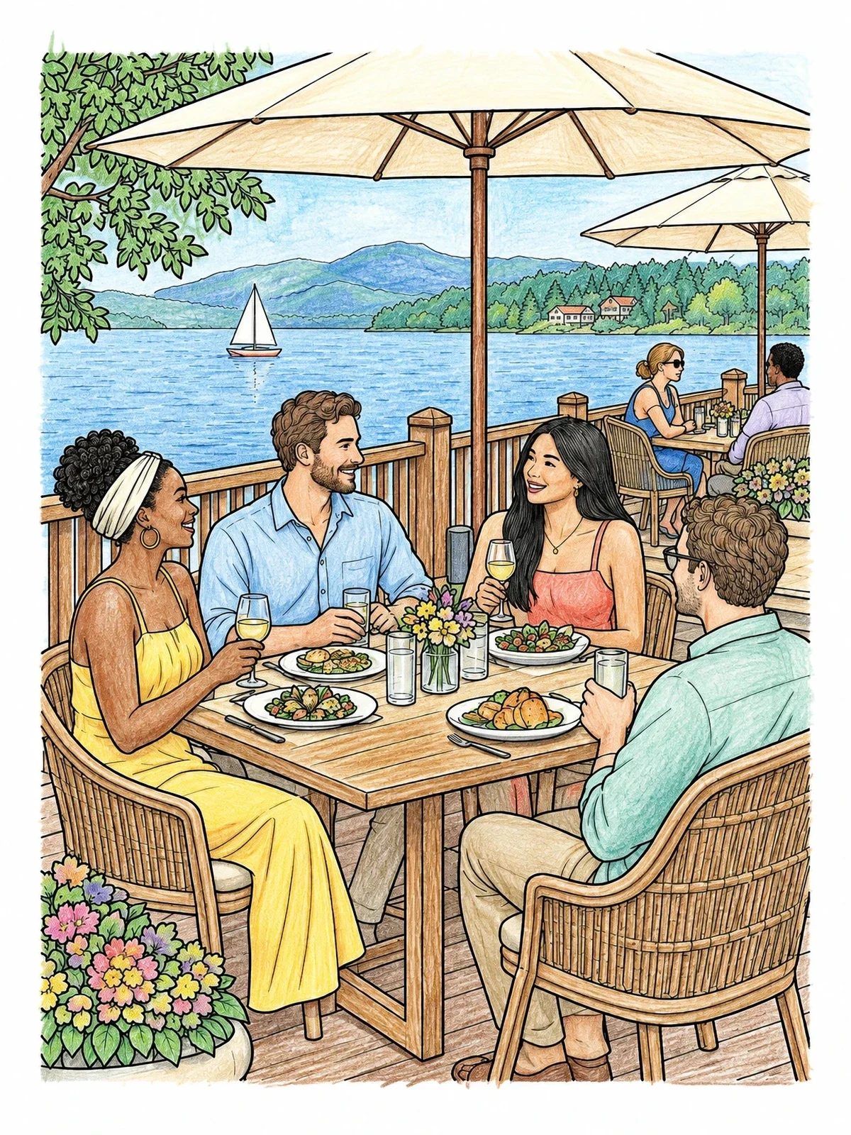 Colored example of the Lakeside Patio Dining With Friends coloring page