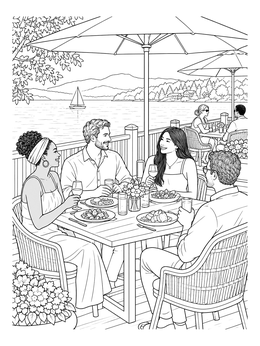 Free printable Lakeside Patio Dining With Friends coloring page