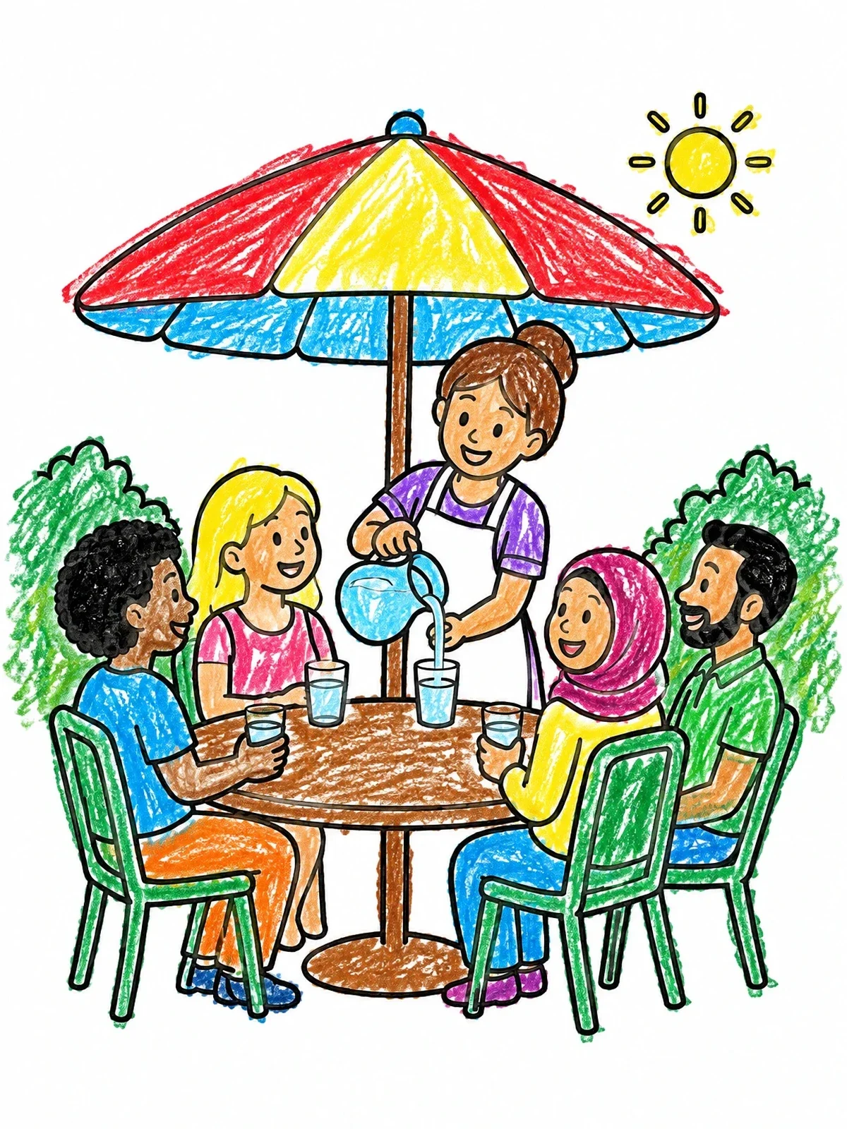 Colored example of the Outdoor Dining With Friendly Server coloring page