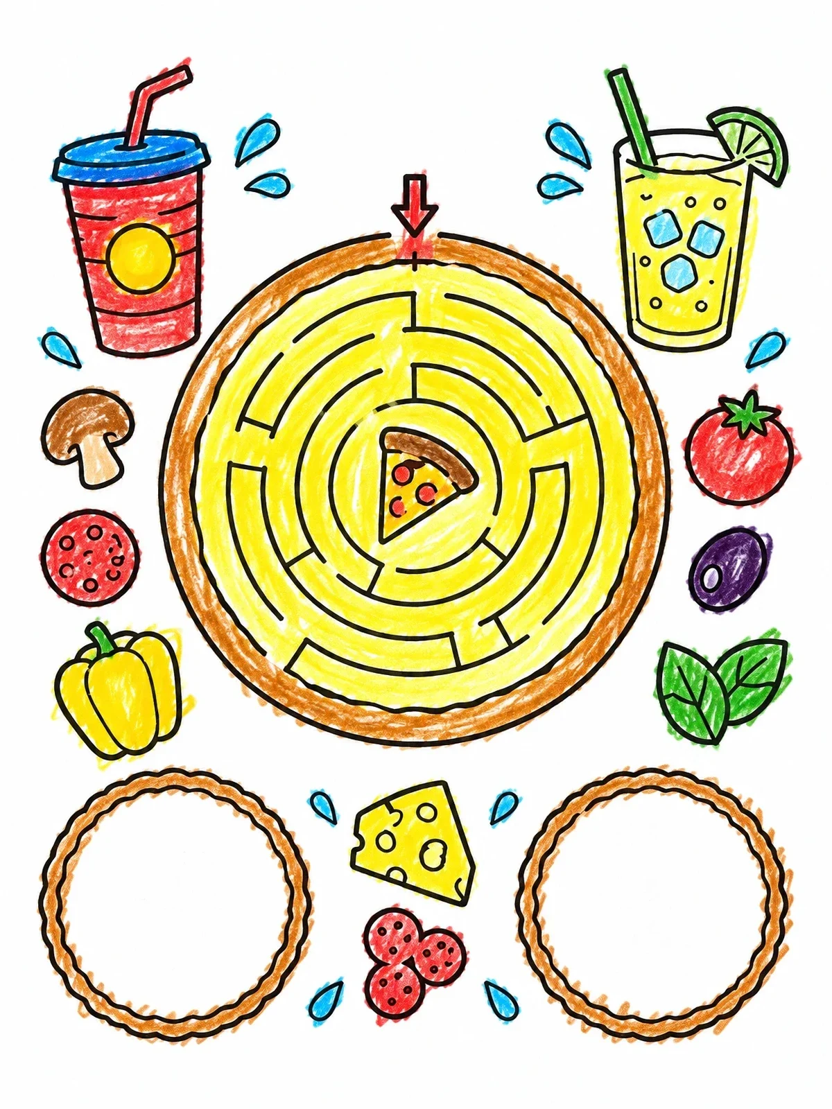 Colored example of the Pizza Placemat Activity And Maze coloring page